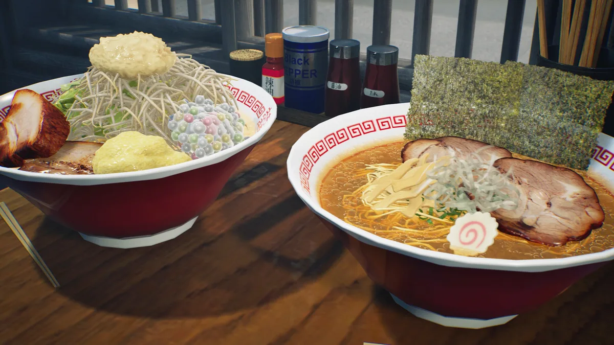 Ramen bowls with different toppings and condiment bottles beside them.