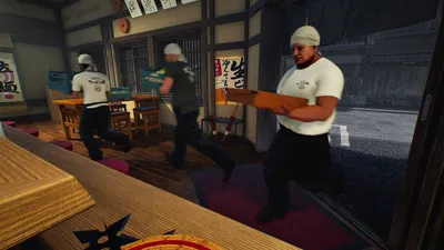 Several characters carrying trays through the ramen shop.
